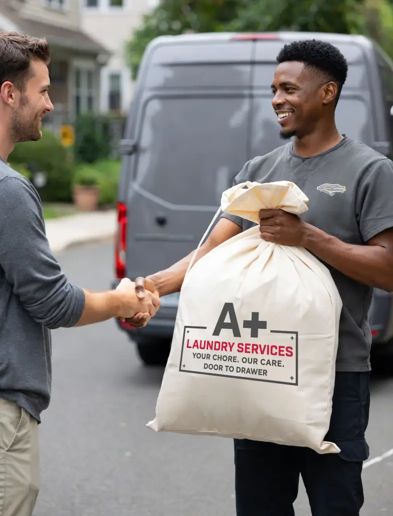 A+ Driver Handing Off Laundry Bag To Customer